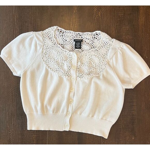 Calvin Klein Cropped White Short Sleeve Sweater/Cardigan with Knit Detail Sz XL - Picture 1 of 6